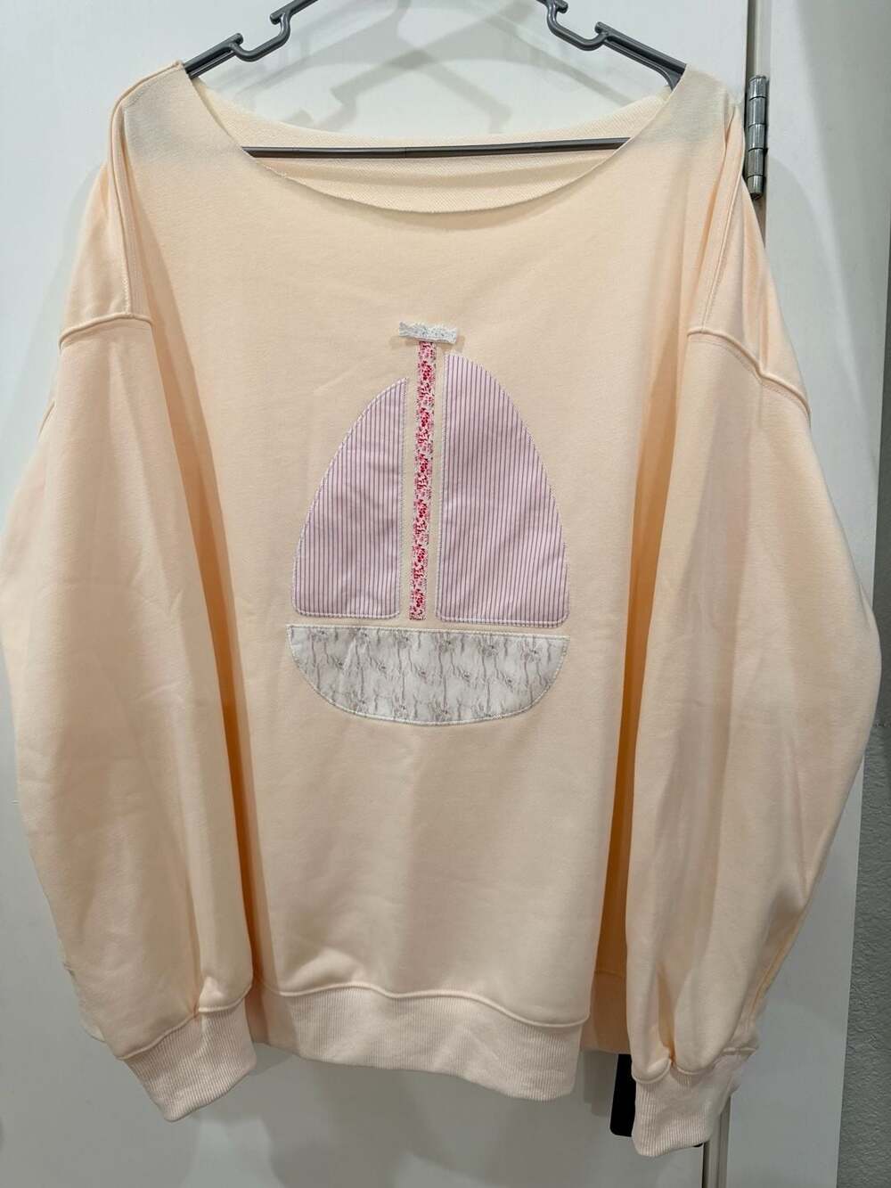Anna-Kaci California Off-Shoulder Sailboat Patchwork Sweatshirt